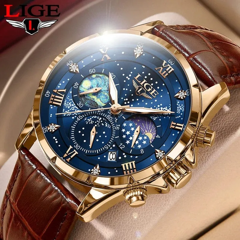 LIGE Herrenuhren Casual Sportuhr Herren Luxus Wasserdicht Datumsuhren Leuchtender Chronograph Armbanduhr Männlich Quarz Leder Uhr