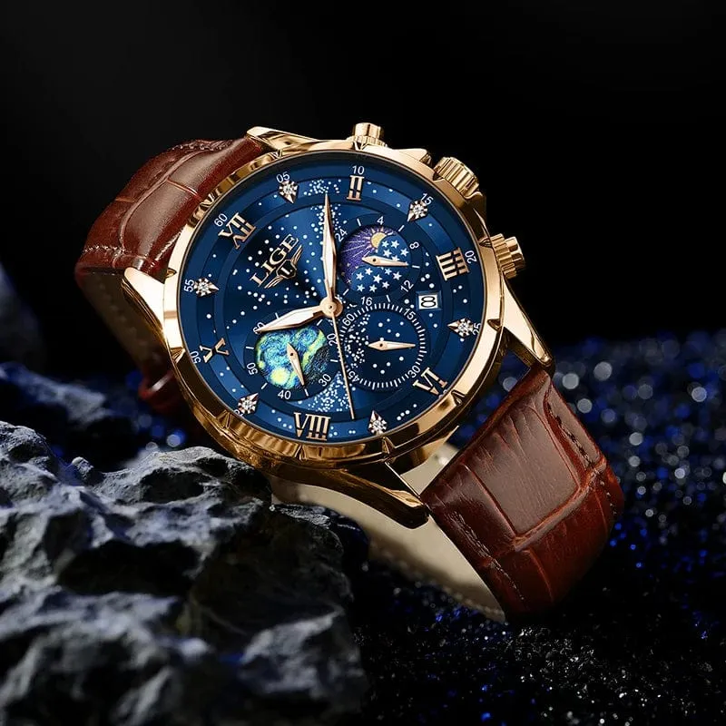 LIGE Herrenuhren Casual Sportuhr Herren Luxus Wasserdicht Datumsuhren Leuchtender Chronograph Armbanduhr Männlich Quarz Leder Uhr