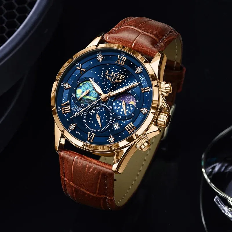LIGE Herrenuhren Casual Sportuhr Herren Luxus Wasserdicht Datumsuhren Leuchtender Chronograph Armbanduhr Männlich Quarz Leder Uhr
