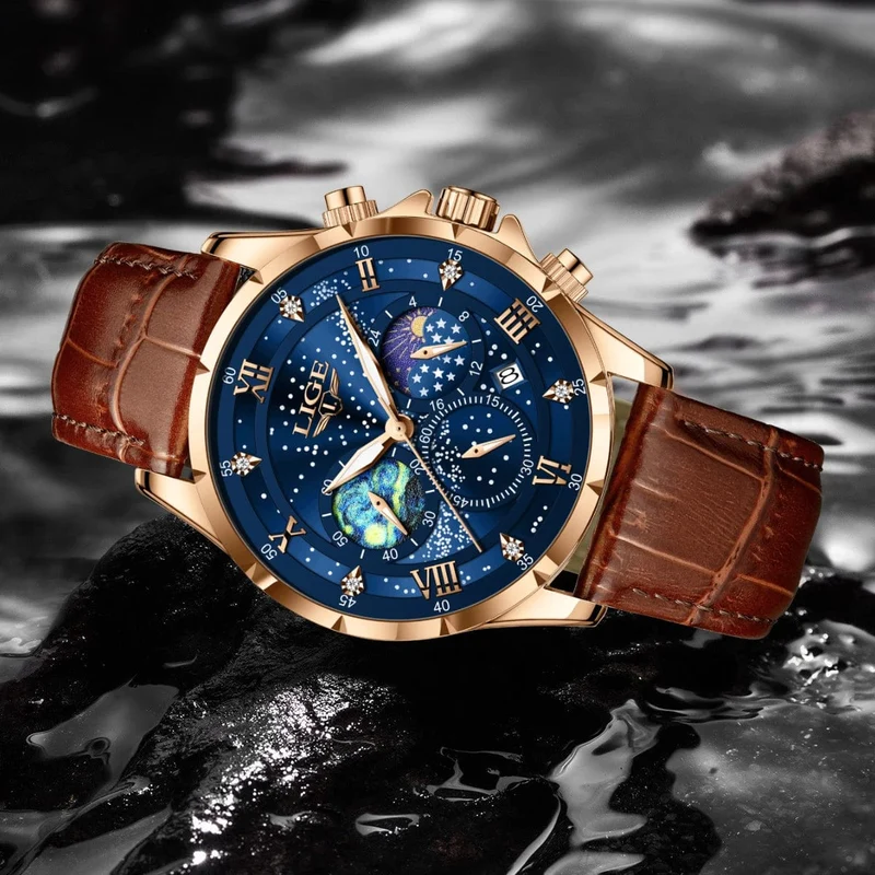 LIGE Herrenuhren Casual Sportuhr Herren Luxus Wasserdicht Datumsuhren Leuchtender Chronograph Armbanduhr Männlich Quarz Leder Uhr