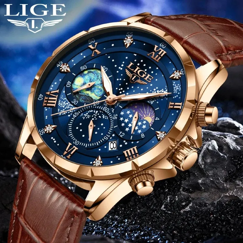 LIGE Herrenuhren Casual Sportuhr Herren Luxus Wasserdicht Datumsuhren Leuchtender Chronograph Armbanduhr Männlich Quarz Leder Uhr