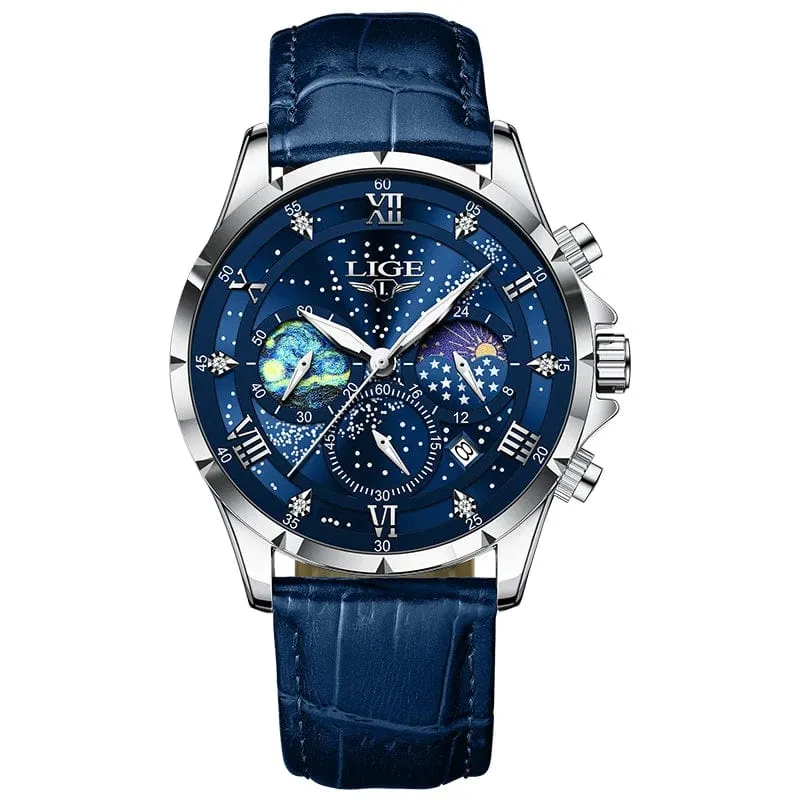 LIGE Herrenuhren Casual Sportuhr Herren Luxus Wasserdicht Datumsuhren Leuchtender Chronograph Armbanduhr Männlich Quarz Leder Uhr