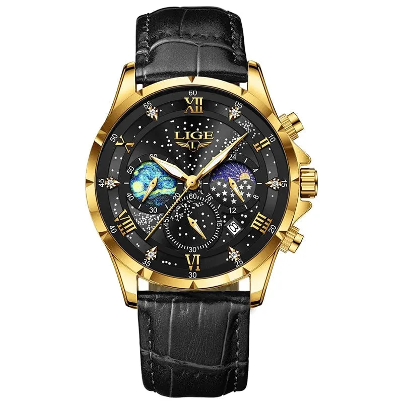 LIGE Herrenuhren Casual Sportuhr Herren Luxus Wasserdicht Datumsuhren Leuchtender Chronograph Armbanduhr Männlich Quarz Leder Uhr