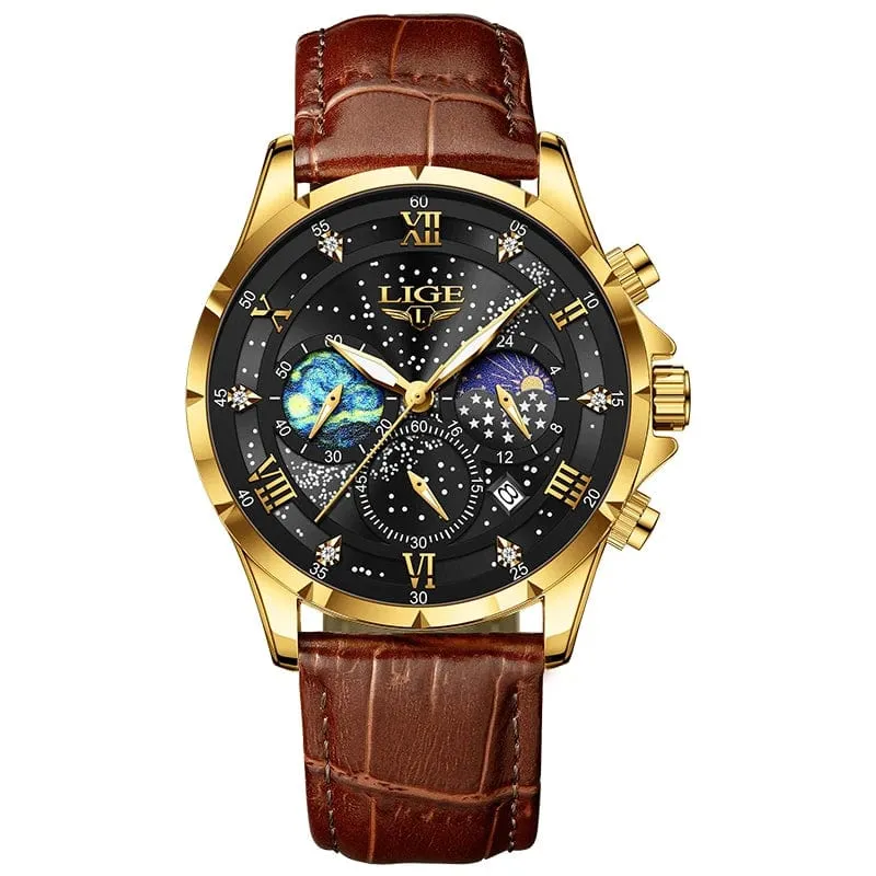 LIGE Herrenuhren Casual Sportuhr Herren Luxus Wasserdicht Datumsuhren Leuchtender Chronograph Armbanduhr Männlich Quarz Leder Uhr
