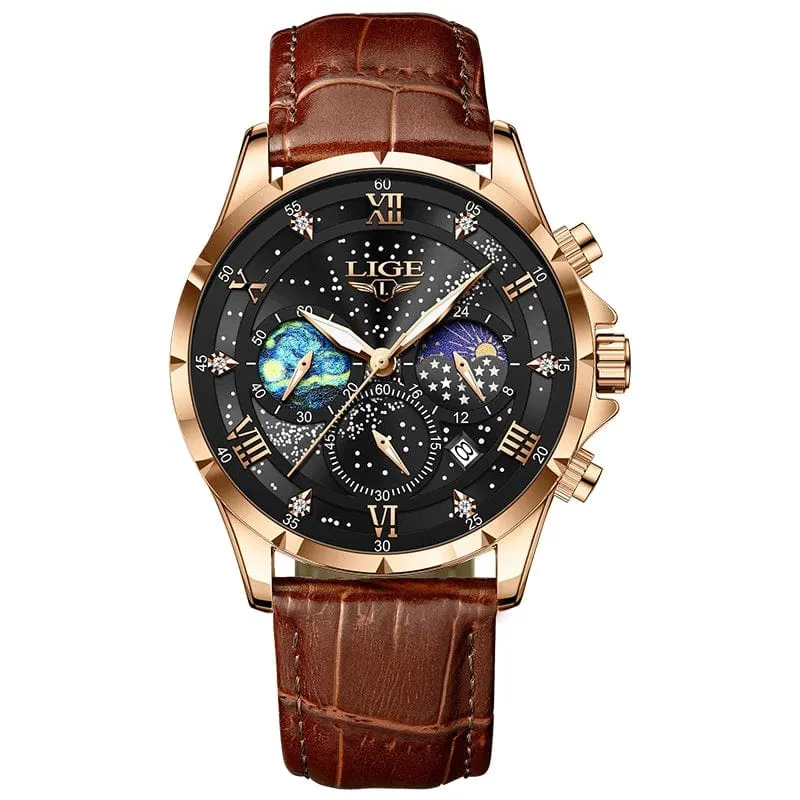 LIGE Herrenuhren Casual Sportuhr Herren Luxus Wasserdicht Datumsuhren Leuchtender Chronograph Armbanduhr Männlich Quarz Leder Uhr