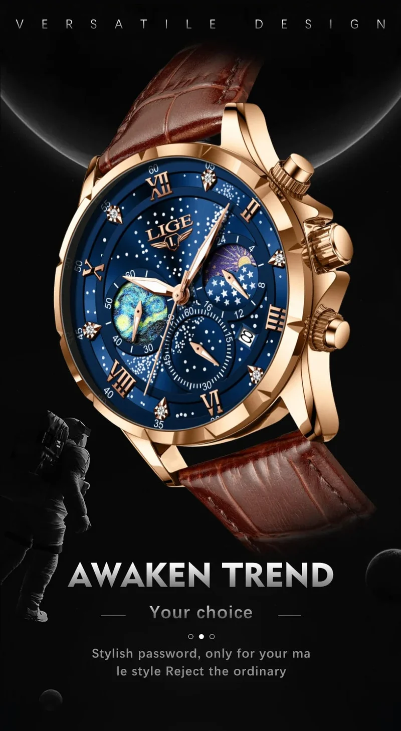 LIGE Herrenuhren Casual Sportuhr Herren Luxus Wasserdicht Datumsuhren Leuchtender Chronograph Armbanduhr Männlich Quarz Leder Uhr