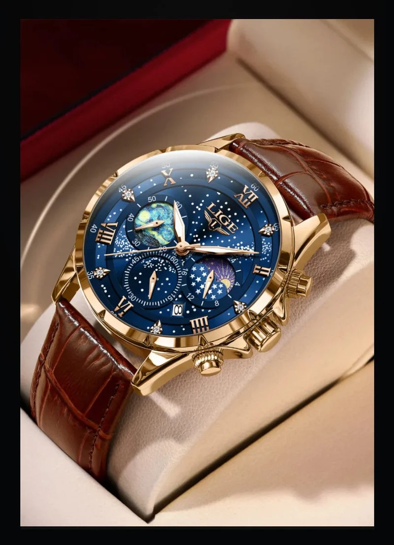 LIGE Herrenuhren Casual Sportuhr Herren Luxus Wasserdicht Datumsuhren Leuchtender Chronograph Armbanduhr Männlich Quarz Leder Uhr