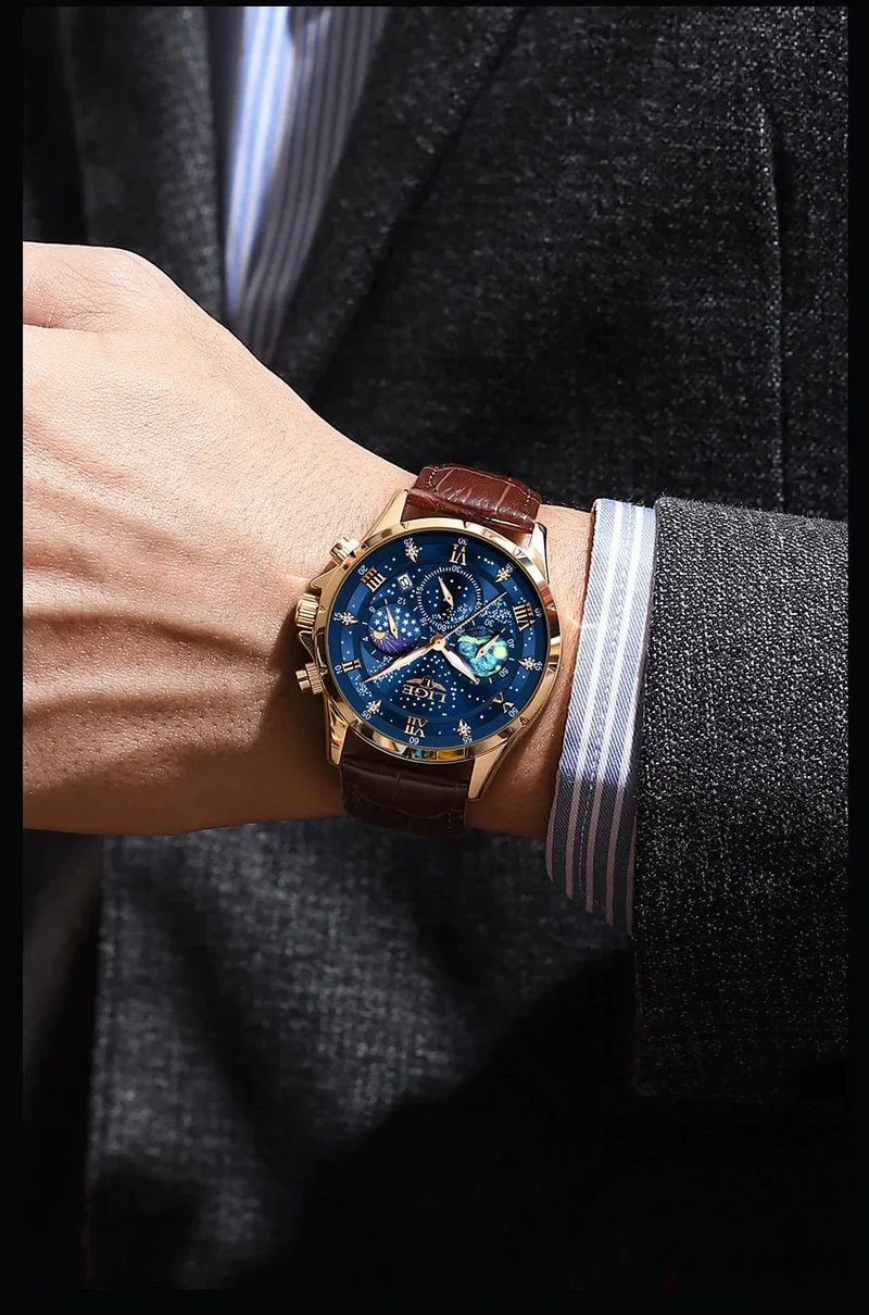 LIGE Herrenuhren Casual Sportuhr Herren Luxus Wasserdicht Datumsuhren Leuchtender Chronograph Armbanduhr Männlich Quarz Leder Uhr