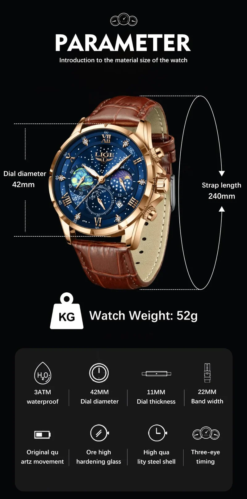 LIGE Herrenuhren Casual Sportuhr Herren Luxus Wasserdicht Datumsuhren Leuchtender Chronograph Armbanduhr Männlich Quarz Leder Uhr
