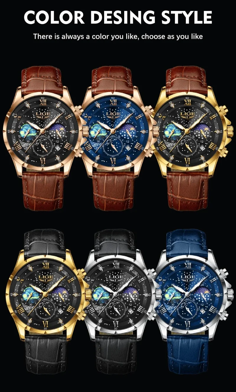 LIGE Herrenuhren Casual Sportuhr Herren Luxus Wasserdicht Datumsuhren Leuchtender Chronograph Armbanduhr Männlich Quarz Leder Uhr