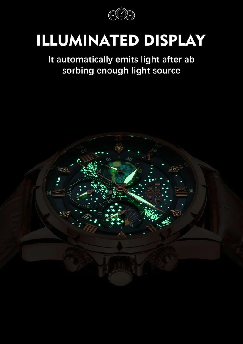 LIGE Herrenuhren Casual Sportuhr Herren Luxus Wasserdicht Datumsuhren Leuchtender Chronograph Armbanduhr Männlich Quarz Leder Uhr