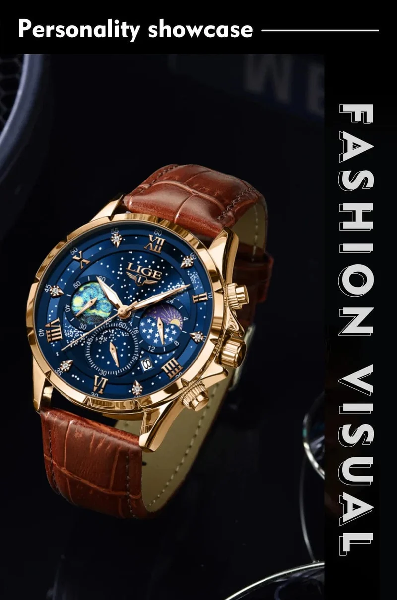 LIGE Herrenuhren Casual Sportuhr Herren Luxus Wasserdicht Datumsuhren Leuchtender Chronograph Armbanduhr Männlich Quarz Leder Uhr