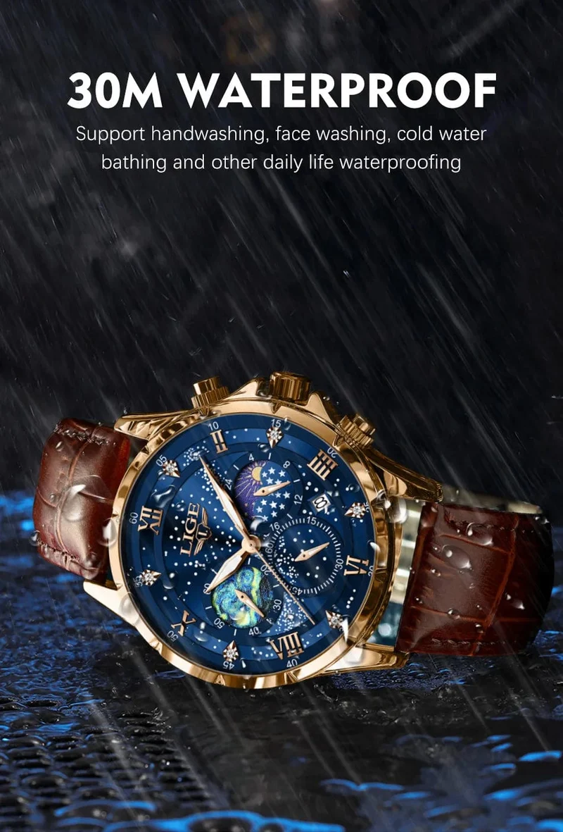 LIGE Herrenuhren Casual Sportuhr Herren Luxus Wasserdicht Datumsuhren Leuchtender Chronograph Armbanduhr Männlich Quarz Leder Uhr
