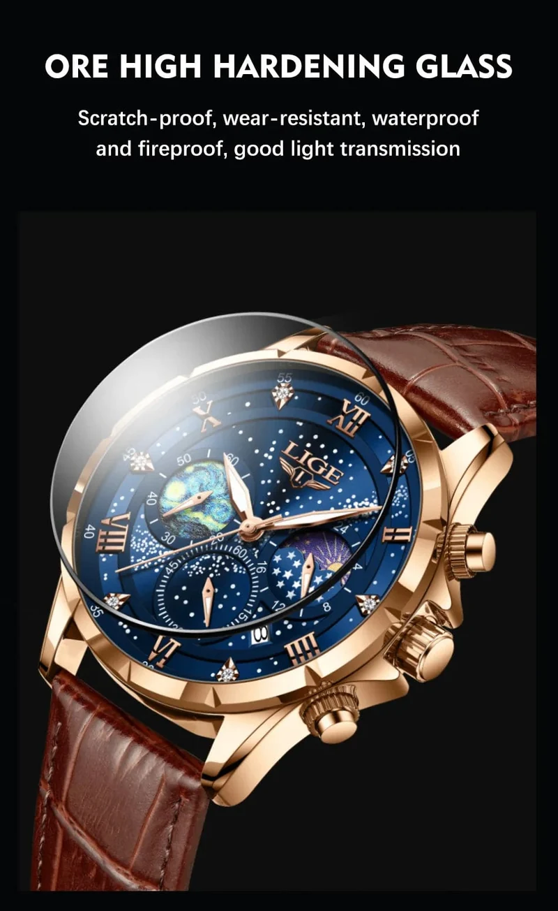 LIGE Herrenuhren Casual Sportuhr Herren Luxus Wasserdicht Datumsuhren Leuchtender Chronograph Armbanduhr Männlich Quarz Leder Uhr