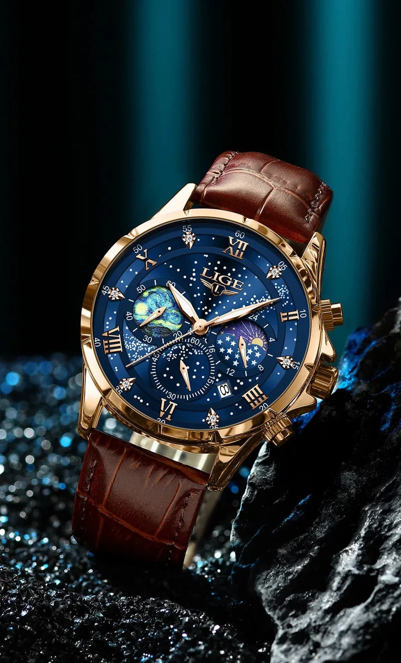 LIGE Herrenuhren Casual Sportuhr Herren Luxus Wasserdicht Datumsuhren Leuchtender Chronograph Armbanduhr Männlich Quarz Leder Uhr