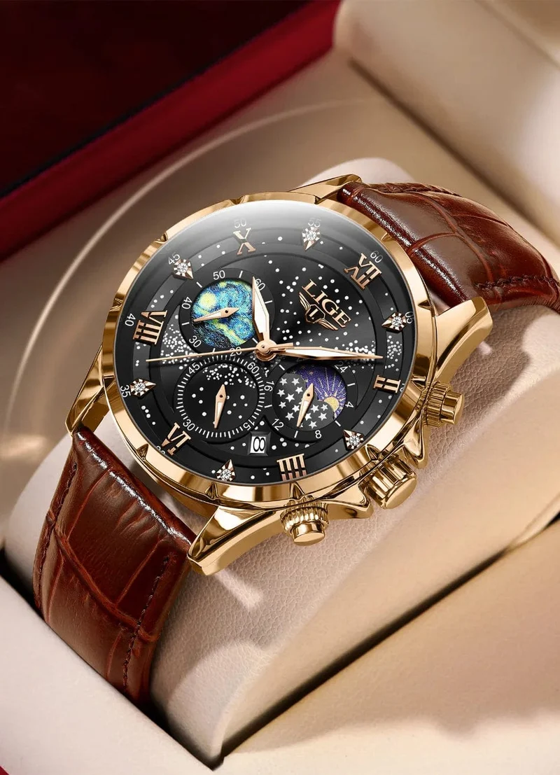 LIGE Herrenuhren Casual Sportuhr Herren Luxus Wasserdicht Datumsuhren Leuchtender Chronograph Armbanduhr Männlich Quarz Leder Uhr