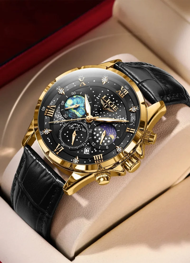 LIGE Herrenuhren Casual Sportuhr Herren Luxus Wasserdicht Datumsuhren Leuchtender Chronograph Armbanduhr Männlich Quarz Leder Uhr