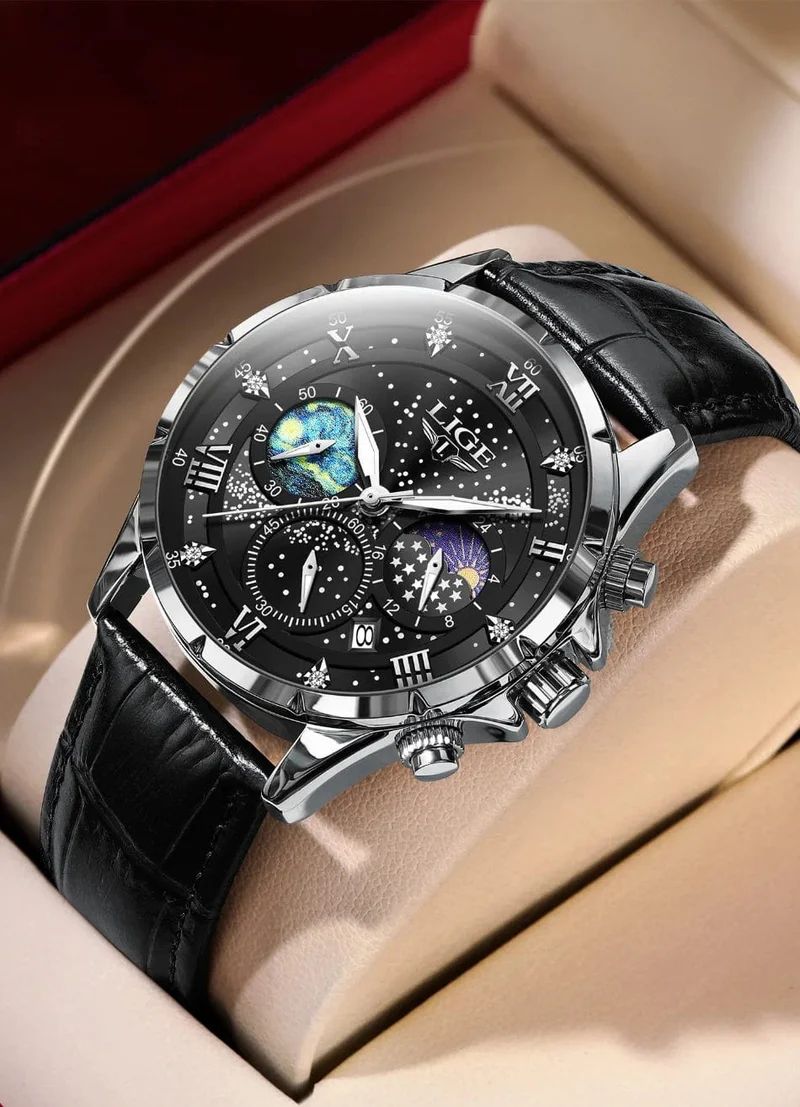 LIGE Herrenuhren Casual Sportuhr Herren Luxus Wasserdicht Datumsuhren Leuchtender Chronograph Armbanduhr Männlich Quarz Leder Uhr