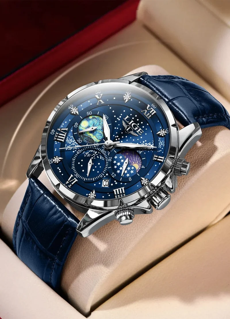 LIGE Herrenuhren Casual Sportuhr Herren Luxus Wasserdicht Datumsuhren Leuchtender Chronograph Armbanduhr Männlich Quarz Leder Uhr