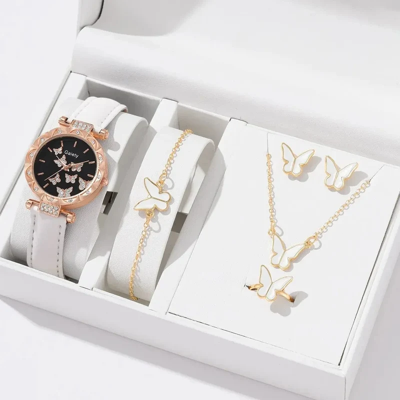 6/1-teiliges Set mit Uhren, Ringen, Halskette, Ohrringen und Armband für Damen, Schmetterlings-Uhren mit Lederarmband, Damen-Quarz-Armbanduhr (ohne Box)