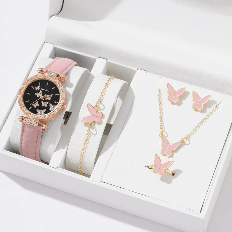 6/1-teiliges Set mit Uhren, Ringen, Halskette, Ohrringen und Armband für Damen, Schmetterlings-Uhren mit Lederarmband, Damen-Quarz-Armbanduhr (ohne Box)