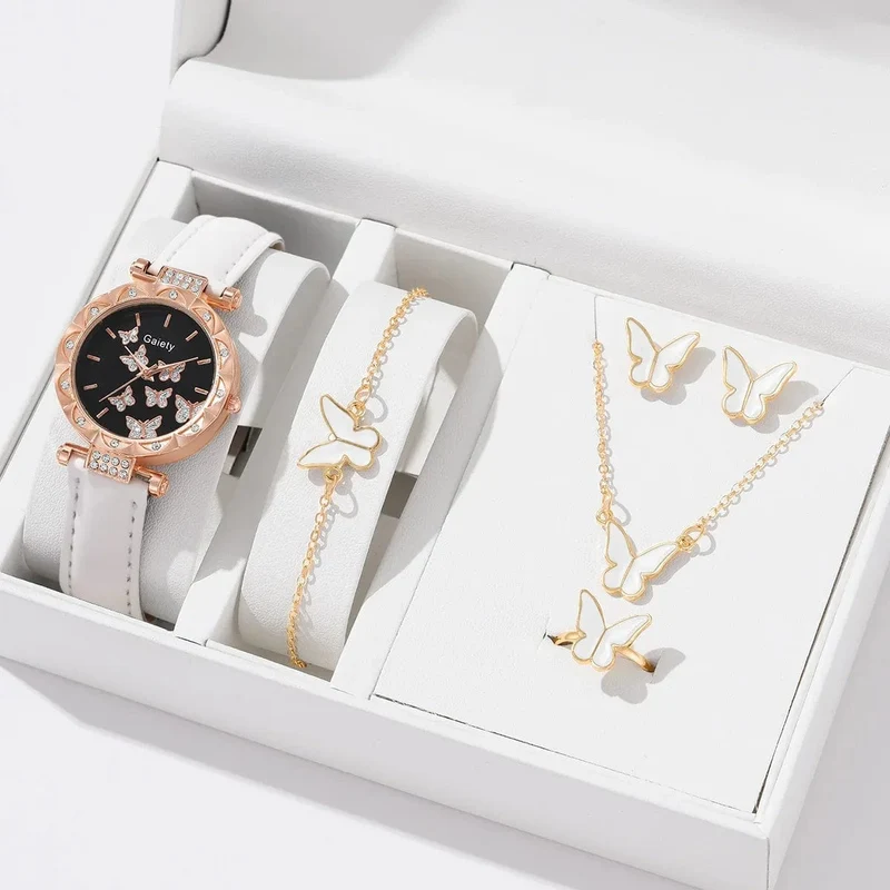 6/1-teiliges Set mit Uhren, Ringen, Halskette, Ohrringen und Armband für Damen, Schmetterlings-Uhren mit Lederarmband, Damen-Quarz-Armbanduhr (ohne Box)