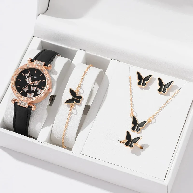6/1-teiliges Set mit Uhren, Ringen, Halskette, Ohrringen und Armband für Damen, Schmetterlings-Uhren mit Lederarmband, Damen-Quarz-Armbanduhr (ohne Box)