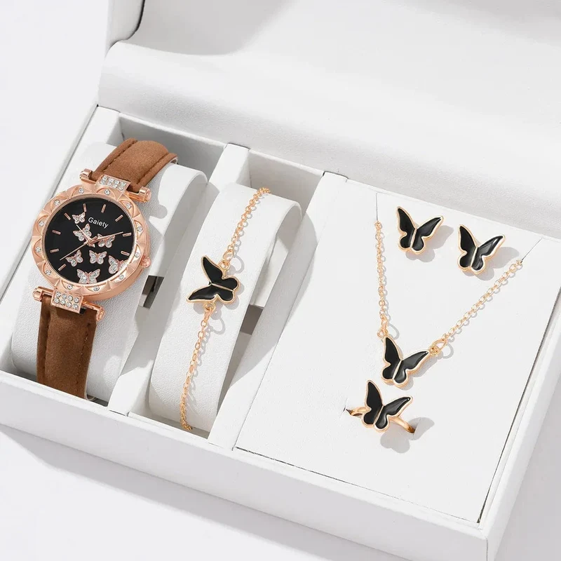 6/1-teiliges Set mit Uhren, Ringen, Halskette, Ohrringen und Armband für Damen, Schmetterlings-Uhren mit Lederarmband, Damen-Quarz-Armbanduhr (ohne Box)