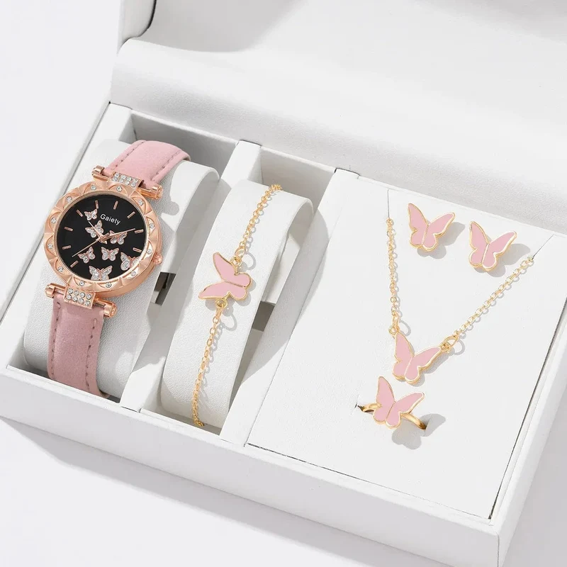 6/1-teiliges Set mit Uhren, Ringen, Halskette, Ohrringen und Armband für Damen, Schmetterlings-Uhren mit Lederarmband, Damen-Quarz-Armbanduhr (ohne Box)