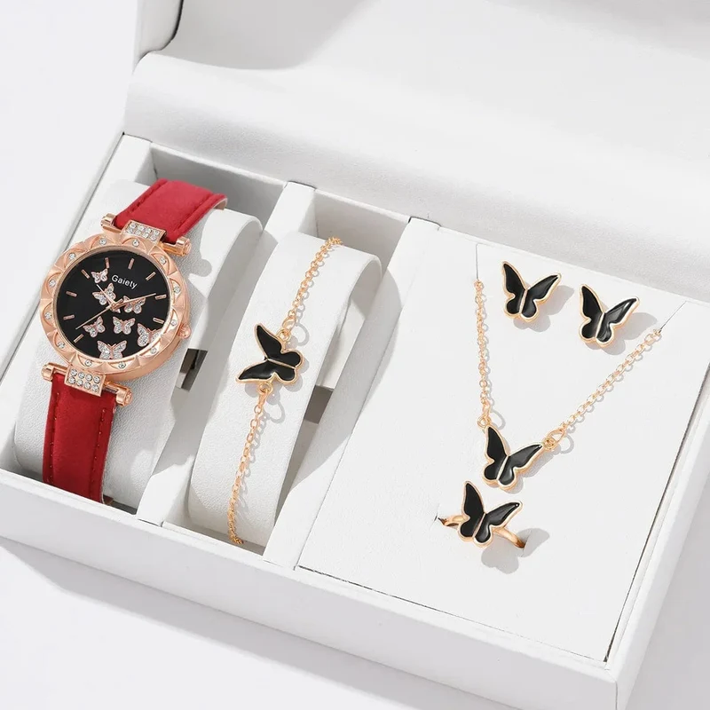6/1-teiliges Set mit Uhren, Ringen, Halskette, Ohrringen und Armband für Damen, Schmetterlings-Uhren mit Lederarmband, Damen-Quarz-Armbanduhr (ohne Box)