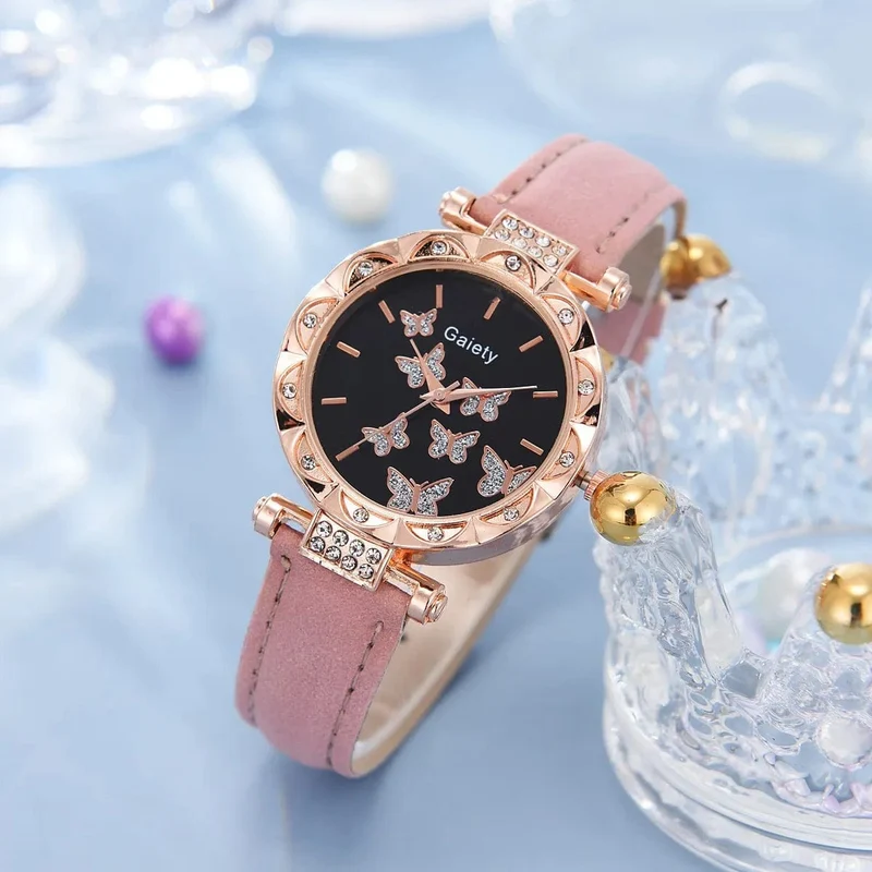 6/1-teiliges Set mit Uhren, Ringen, Halskette, Ohrringen und Armband für Damen, Schmetterlings-Uhren mit Lederarmband, Damen-Quarz-Armbanduhr (ohne Box)