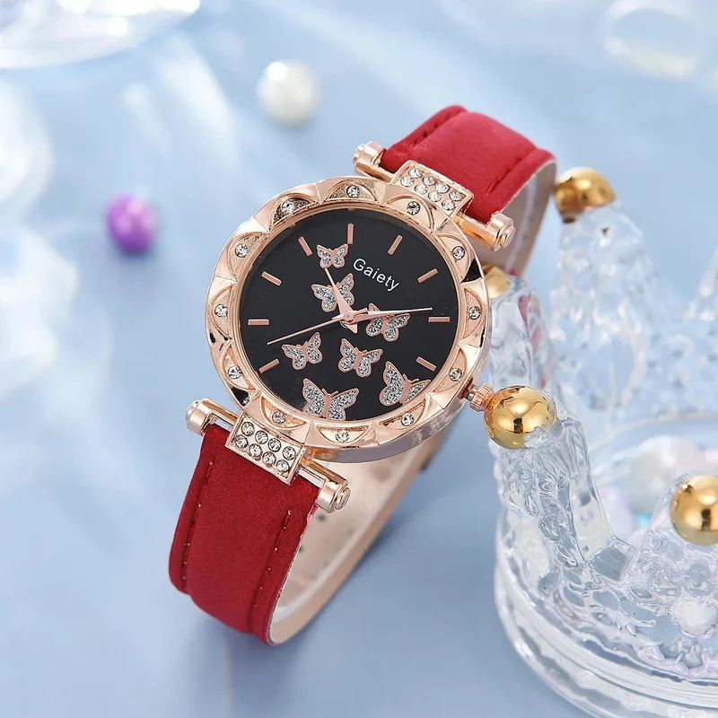 6/1-teiliges Set mit Uhren, Ringen, Halskette, Ohrringen und Armband für Damen, Schmetterlings-Uhren mit Lederarmband, Damen-Quarz-Armbanduhr (ohne Box)