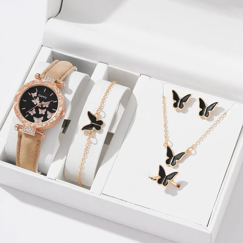 6/1-teiliges Set mit Uhren, Ringen, Halskette, Ohrringen und Armband für Damen, Schmetterlings-Uhren mit Lederarmband, Damen-Quarz-Armbanduhr (ohne Box)
