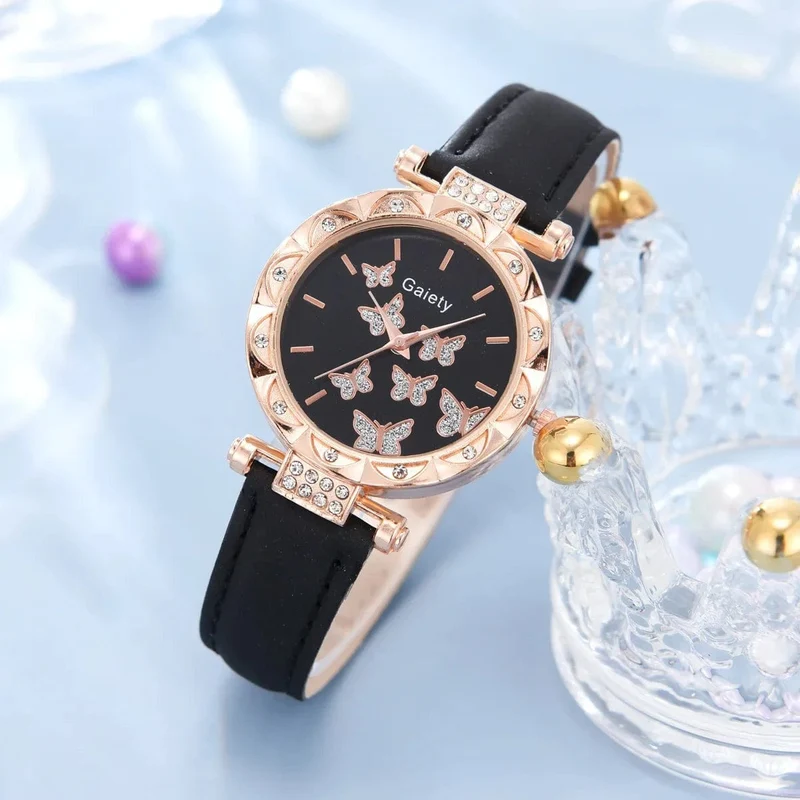 6/1-teiliges Set mit Uhren, Ringen, Halskette, Ohrringen und Armband für Damen, Schmetterlings-Uhren mit Lederarmband, Damen-Quarz-Armbanduhr (ohne Box)