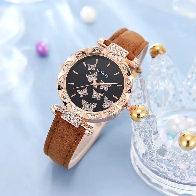 6/1-teiliges Set mit Uhren, Ringen, Halskette, Ohrringen und Armband für Damen, Schmetterlings-Uhren mit Lederarmband, Damen-Quarz-Armbanduhr (ohne Box)