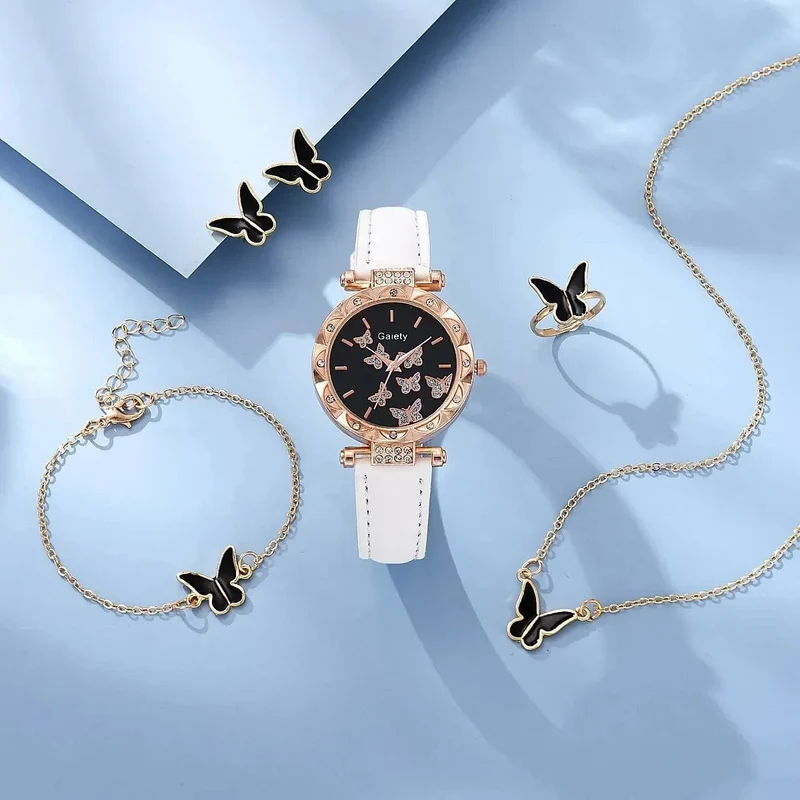 6/1-teiliges Set mit Uhren, Ringen, Halskette, Ohrringen und Armband für Damen, Schmetterlings-Uhren mit Lederarmband, Damen-Quarz-Armbanduhr (ohne Box)