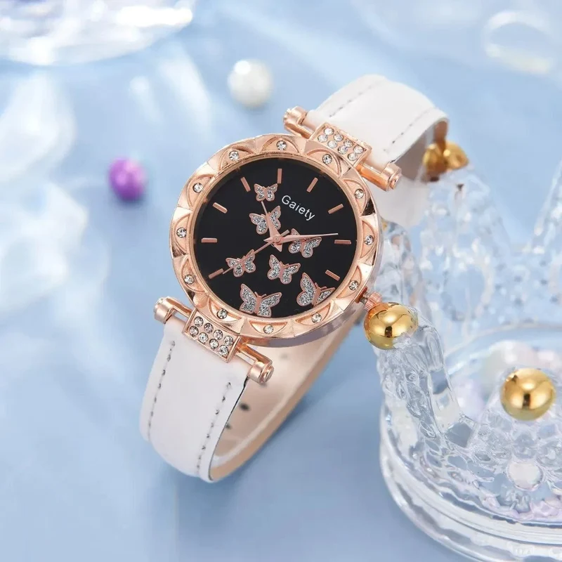 6/1-teiliges Set mit Uhren, Ringen, Halskette, Ohrringen und Armband für Damen, Schmetterlings-Uhren mit Lederarmband, Damen-Quarz-Armbanduhr (ohne Box)