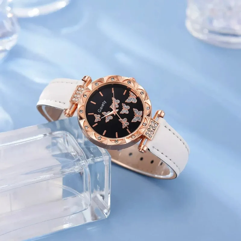 6/1-teiliges Set mit Uhren, Ringen, Halskette, Ohrringen und Armband für Damen, Schmetterlings-Uhren mit Lederarmband, Damen-Quarz-Armbanduhr (ohne Box)