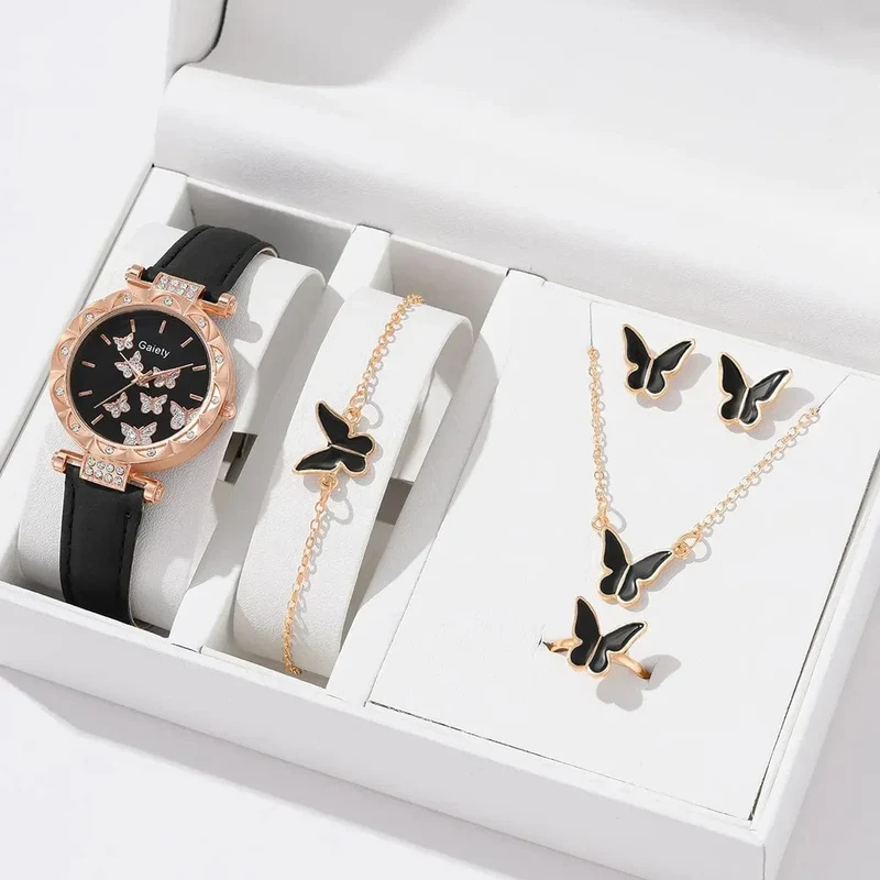 6/1-teiliges Set mit Uhren, Ringen, Halskette, Ohrringen und Armband für Damen, Schmetterlings-Uhren mit Lederarmband, Damen-Quarz-Armbanduhr (ohne Box)