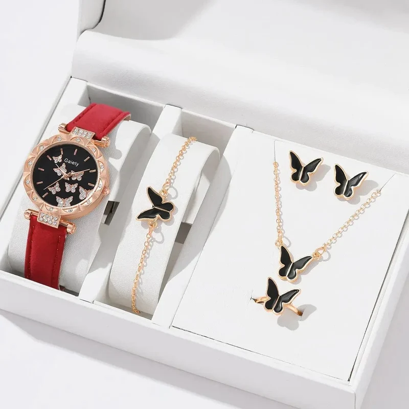 6/1-teiliges Set mit Uhren, Ringen, Halskette, Ohrringen und Armband für Damen, Schmetterlings-Uhren mit Lederarmband, Damen-Quarz-Armbanduhr (ohne Box)