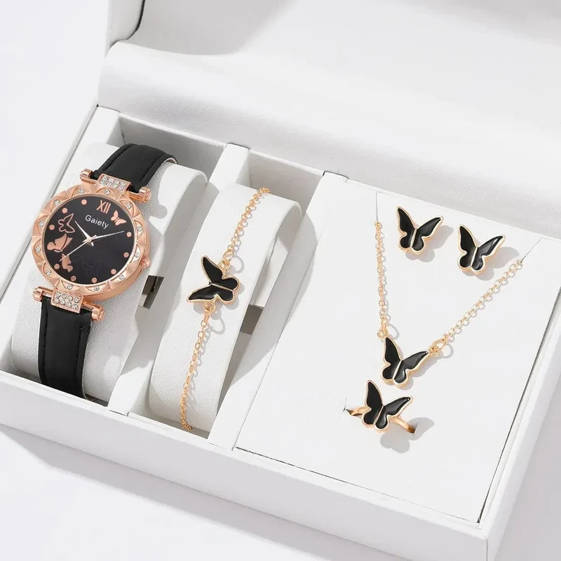 6/1-teiliges Set mit Uhren, Ringen, Halskette, Ohrringen und Armband für Damen, Schmetterlings-Uhren mit Lederarmband, Damen-Quarz-Armbanduhr (ohne Box)