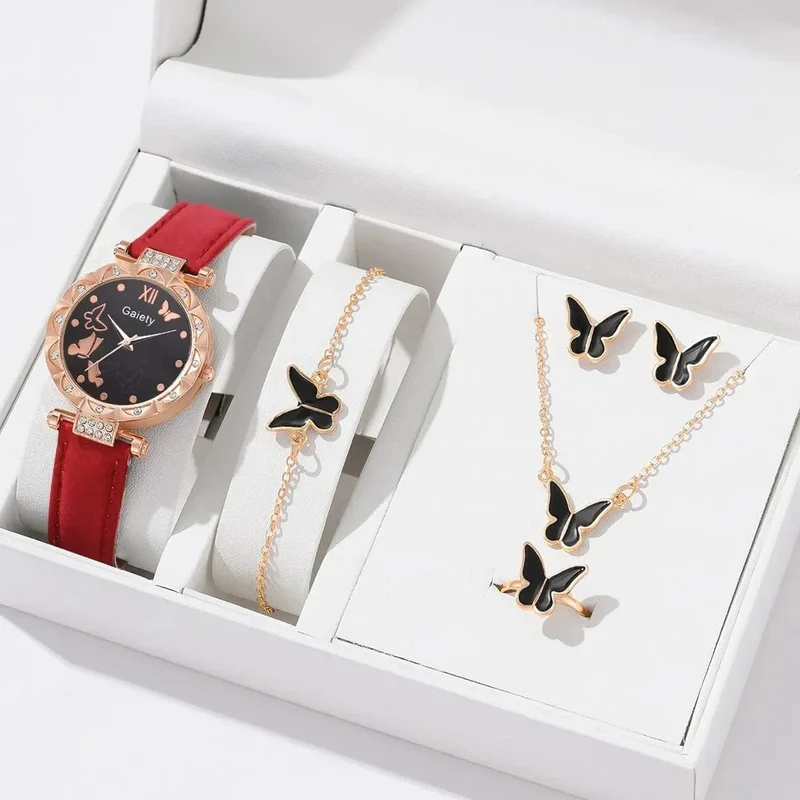 6/1-teiliges Set mit Uhren, Ringen, Halskette, Ohrringen und Armband für Damen, Schmetterlings-Uhren mit Lederarmband, Damen-Quarz-Armbanduhr (ohne Box)