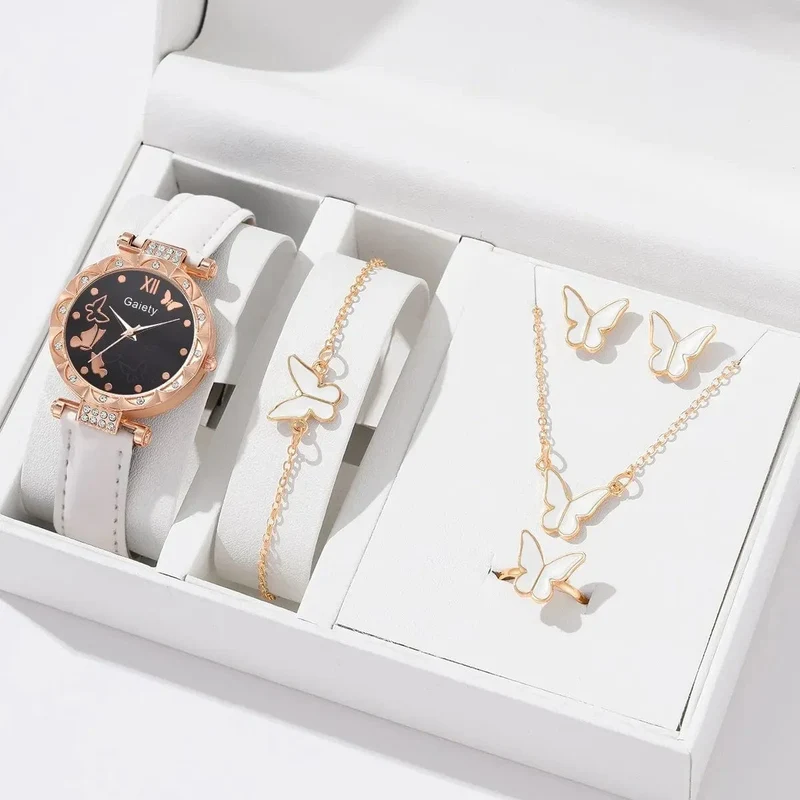 6/1-teiliges Set mit Uhren, Ringen, Halskette, Ohrringen und Armband für Damen, Schmetterlings-Uhren mit Lederarmband, Damen-Quarz-Armbanduhr (ohne Box)