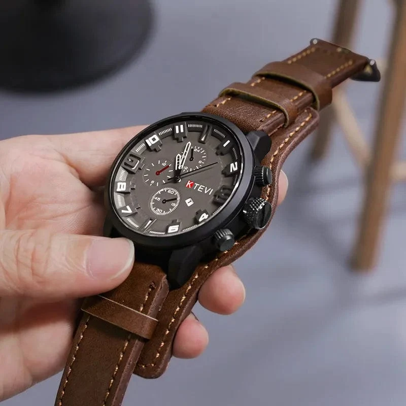 YIKAZE Retro Herrenuhren, klassisch, luxuriös, Business-Quarzuhr, modisch, großes Zifferblatt, Lederarmband, Datum, Militär-Armbanduhr für Männer
