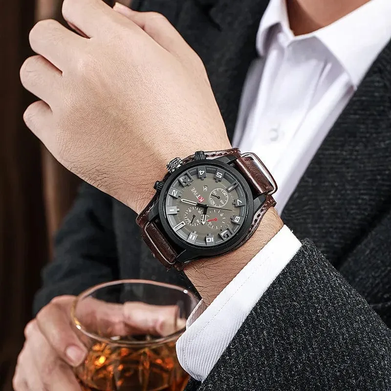 YIKAZE Retro Herrenuhren, klassisch, luxuriös, Business-Quarzuhr, modisch, großes Zifferblatt, Lederarmband, Datum, Militär-Armbanduhr für Männer