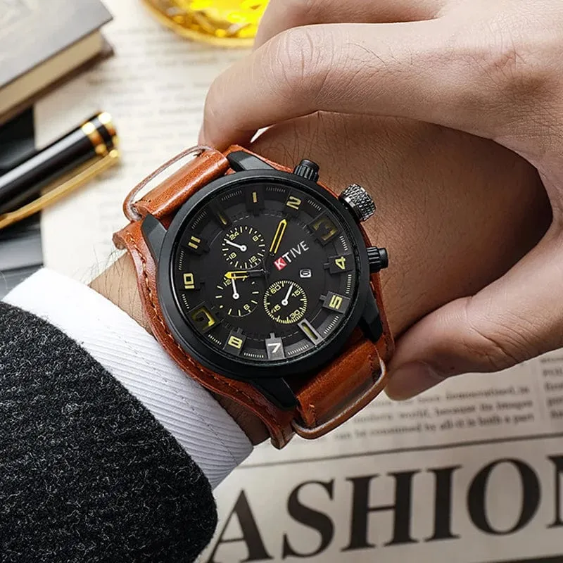 YIKAZE Retro Herrenuhren, klassisch, luxuriös, Business-Quarzuhr, modisch, großes Zifferblatt, Lederarmband, Datum, Militär-Armbanduhr für Männer