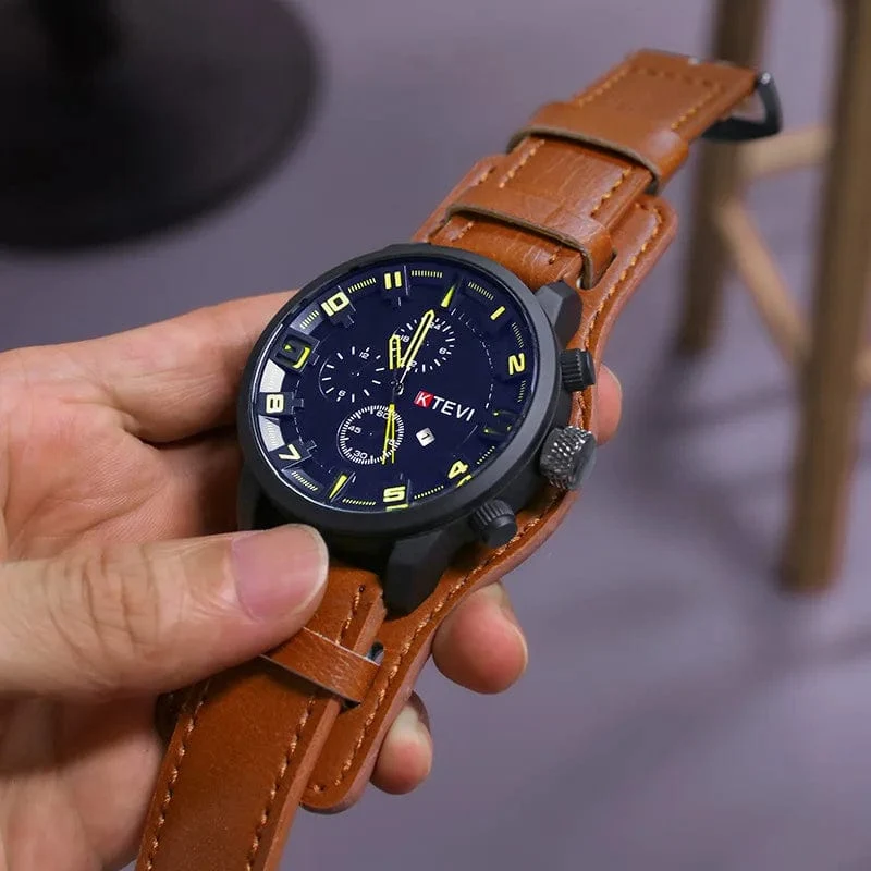 YIKAZE Retro Herrenuhren, klassisch, luxuriös, Business-Quarzuhr, modisch, großes Zifferblatt, Lederarmband, Datum, Militär-Armbanduhr für Männer