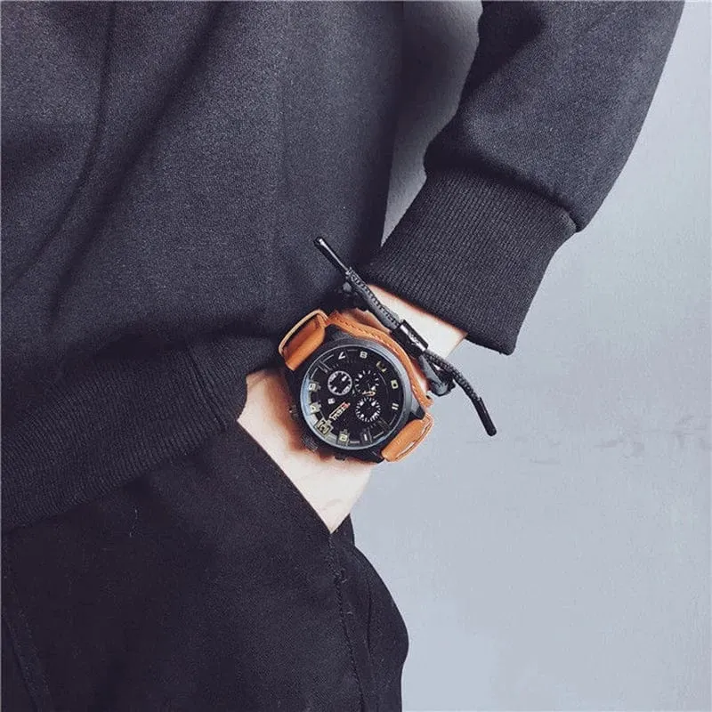 YIKAZE Retro Herrenuhren, klassisch, luxuriös, Business-Quarzuhr, modisch, großes Zifferblatt, Lederarmband, Datum, Militär-Armbanduhr für Männer