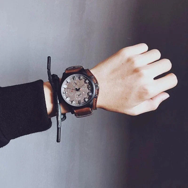 YIKAZE Retro Herrenuhren, klassisch, luxuriös, Business-Quarzuhr, modisch, großes Zifferblatt, Lederarmband, Datum, Militär-Armbanduhr für Männer