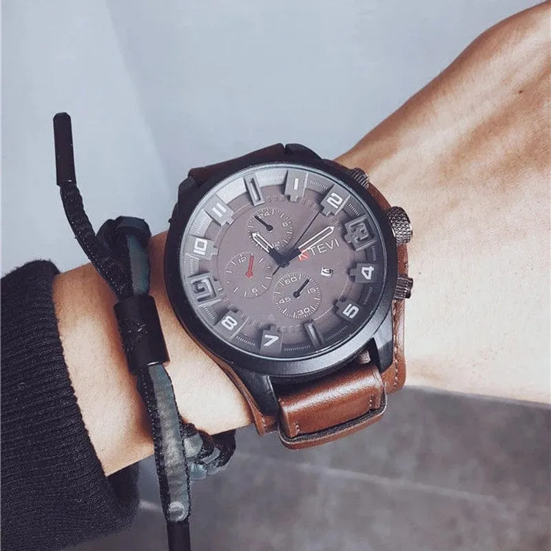 YIKAZE Retro Herrenuhren, klassisch, luxuriös, Business-Quarzuhr, modisch, großes Zifferblatt, Lederarmband, Datum, Militär-Armbanduhr für Männer
